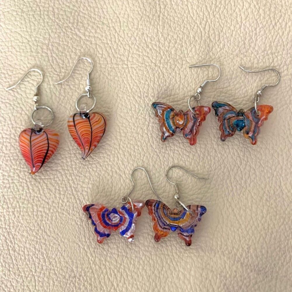 Glass earrings butterfly heart set of three pink orange blue